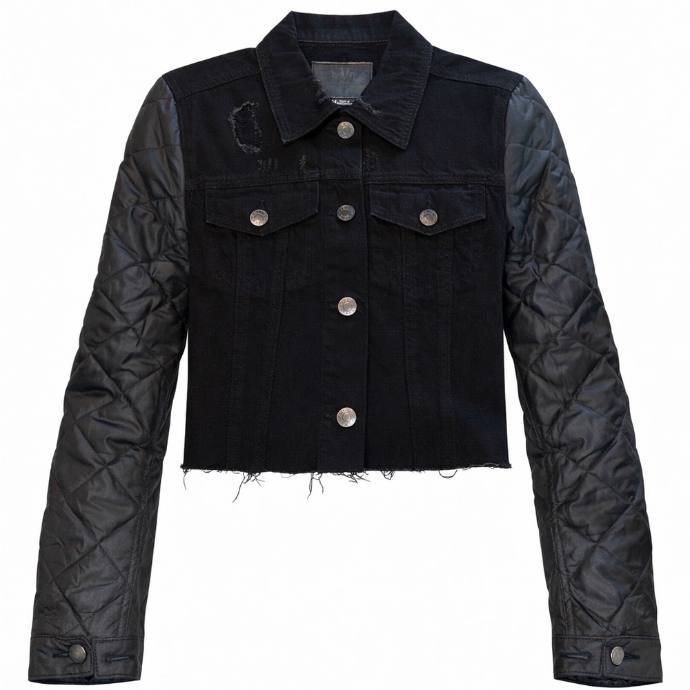 Boutique Black Denim Jacket with Quilted Sleeves